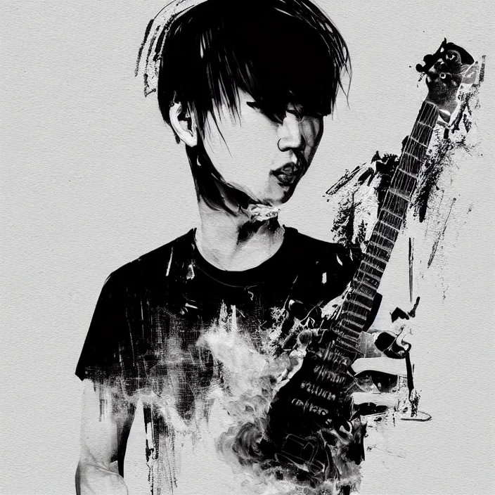 Prompt: a young korean man wearing black t shirt holding an electric guitar!!, dark background, huge brush strokes, dramatic smoke everywhere, matte colors, dramatic brush strokes, abstract, trending on artstation