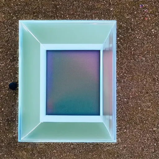 Image similar to a pastel coloured Polaroid photo of a minimalist sunbed made of transparent iridescent perspex stood in a field, beams of light, nostalgic