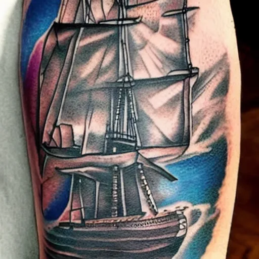 Prompt: A pirate ship tattoo design in the style of Dmitriy Samohin, hyper realistic tattoo