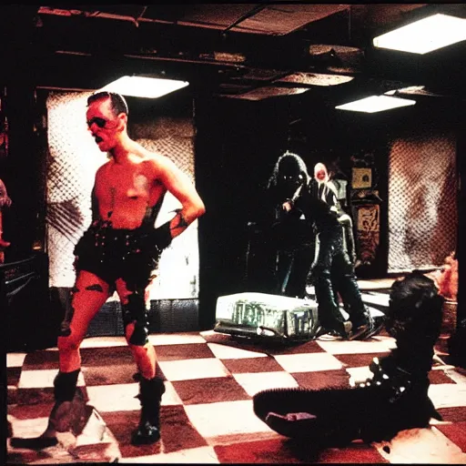 Image similar to punk rock, travis bickle has a mohawk, on a checkered floor, by francis bacon