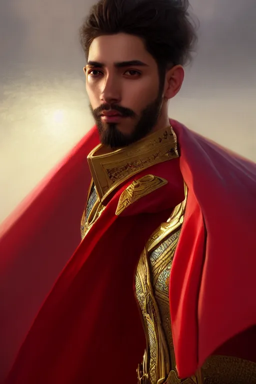 Prompt: a portrait of a hispanic male prince, red cape, illustration, soft lighting, soft details, painting oil on canvas by Edmund Blair Leighton and Charlie Bowater octane render trending on artstation d&d characters, 4k, 8k, HD
