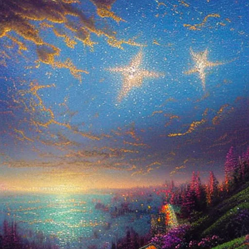 Prompt: To think of these stars that you see overhead at night, these vast worlds which we can never reach. I would annex the planets if I could; I often think of that. It makes me sad to see them so clear and yet so far painting by Thomas Kinkade