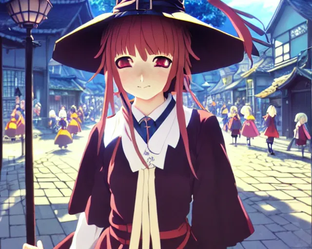 Image similar to key anime visual portrait of a young female witch walking through a busy fantasy village, ilya kuvshinov, dynamic pose, dynamic perspective, cinematic, dramatic lighting, muted colors, detailed silhouette, textured, anime proportions, kyoto animation, haibane renmei, niea _ 7, yoh yoshinari