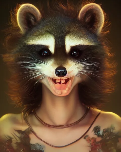 Image similar to portrait of a cute female racoon, bioluminescent, veins, horror, happy, highly detailed, digital painting, cinematic, hyperrealism, dark retrowave, art by stanley lau and artgerm and magali villeneuve and alphonse mucha, artstation, octane render, cgsociety