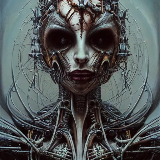 Image similar to a portrait of a beautiful biomechanical queen of vampires, horror concept art by giger and beksinski and szukalski and wlop and pete mohrbacher, digital art, highly detailed, intricate, sci-fi, sharp focus, Trending on Artstation HQ, deviantart, unreal engine 5, 4K UHD image
