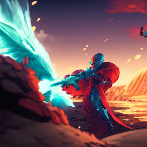 Image similar to dragon spits fire on a blue knight holding a gold sword, a green hatchback car is nearby, low wide angle, anime, desert landscape, greg rutkowski, Murata, one punch man manga,