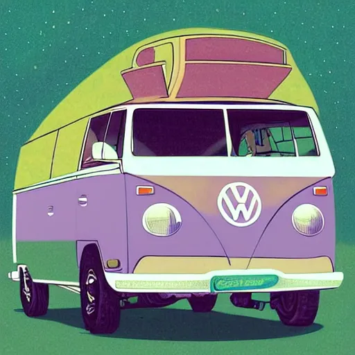 Image similar to illustration of an old van volkswagen, may 6 8, pastel colors, cool, hippie by victo ngai