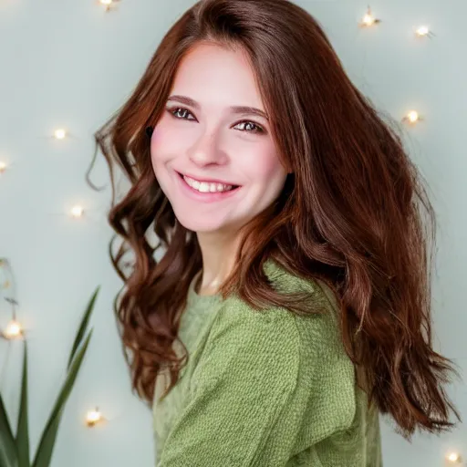 Image similar to Photograph of April, a cute young woman, long shiny bronze brown hair, full round face, green eyes, medium skin tone, light cute freckles, light blush, smiling softly, wearing casual clothing, interior lighting, cozy living room background, medium shot, mid-shot, hyperdetailed, hyperreal,