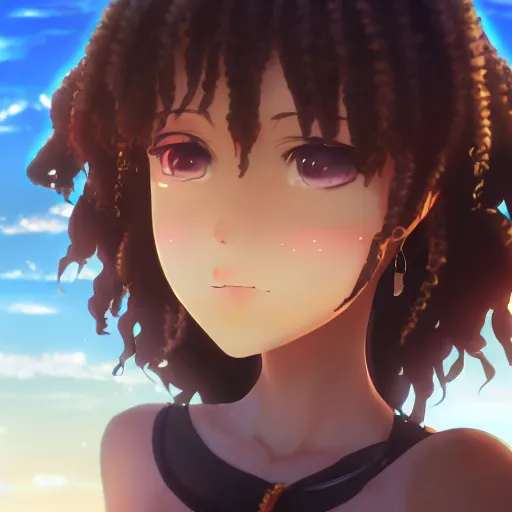 Image similar to a beautiful 3d brown anime girl, brown skin, black curly hair, Cinematic lighting, medium shot, in a anime masterpiece, highly detailed, artstation, unreal engine 4k, Cinematic wallpaper