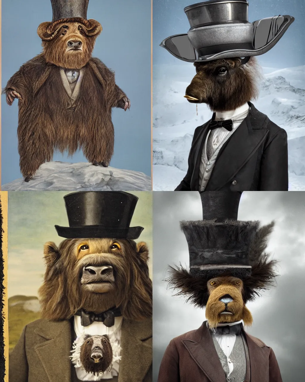 Image similar to highly detailed portrait photo of an anthropomorphic mutant with the head of a musk ox, wearing a overgown and a top hat in a dystopian scenic environment, hyperrealistic Illustration