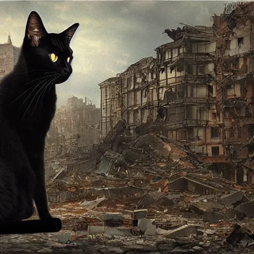 Image similar to a black cat looking at a destroyed city, by karcz, michal