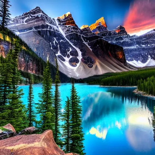 Prompt: realistic photo of Moraine lake in Albert, Canada, beautiful lighting, 4k