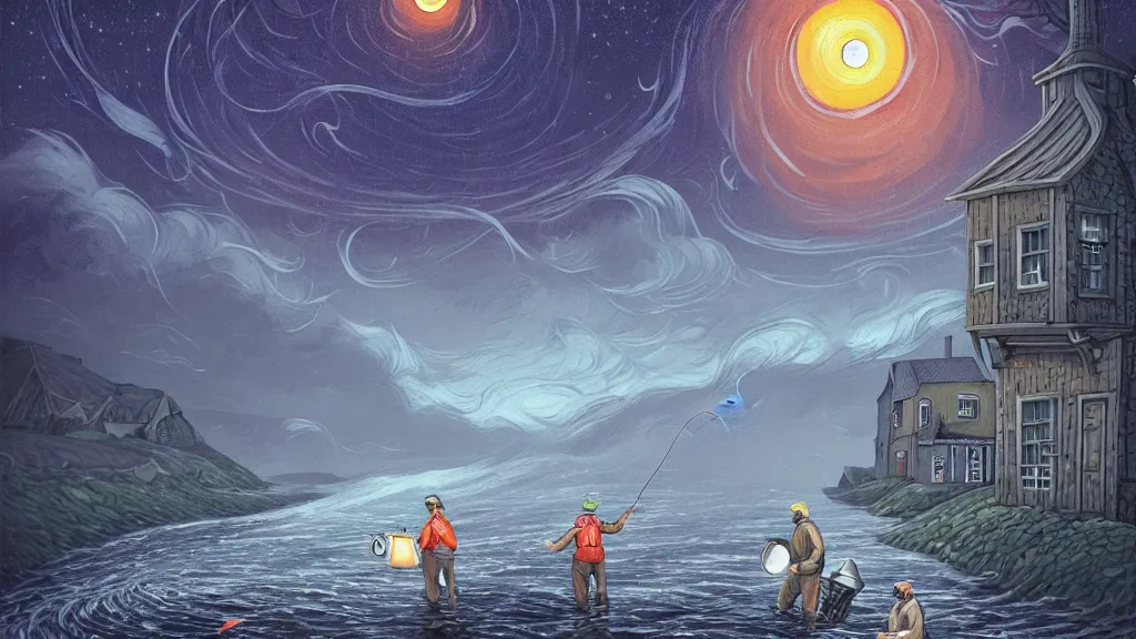 Prompt: 2 men fly fishing for salmon in iceland by cyril rolando and naomi okubo and dan mumford and ricardo bofill.. lovecraft.. cobbled streets.. oil lamp posts.. lovecraftian.. starry night swirly sky.