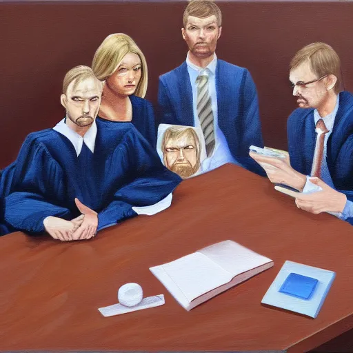 Image similar to a court judging jeffrey dahmer, oil painting, ultradetailed, digital painting, ultradetailed