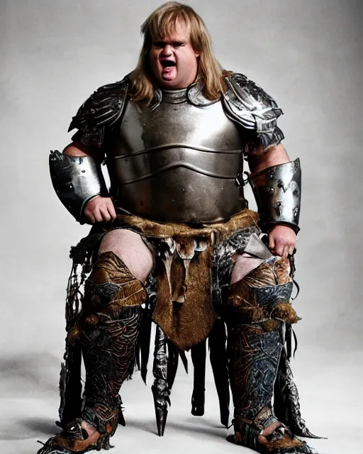 Image similar to chris farley as king conan, directed by john millius, photorealistic, sitting on a metal throne, wearing ancient cimmerian armor, a battle axe to her side, cinematic photoshoot in the style of annie leibovitz, studio lighting