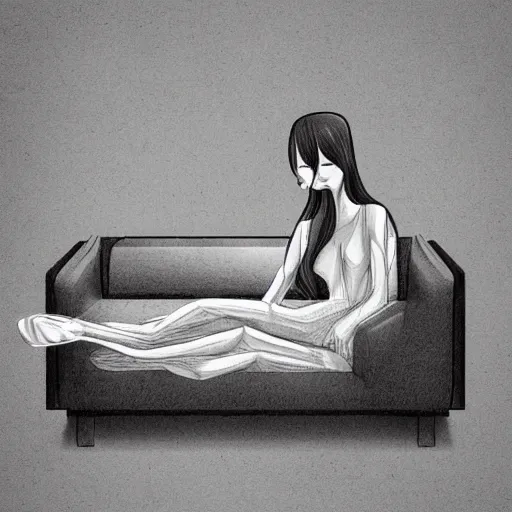 Image similar to female android relaxing on sofa, dark, elegant, detailed illustration