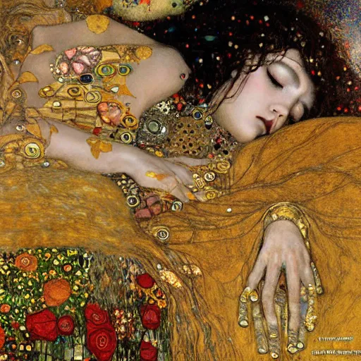 Image similar to sleeping goddess, intricate detail, klimt, royo, royo, whealan,