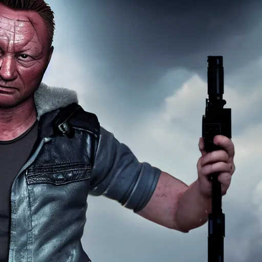 Image similar to limmy brian limond as the terminator, realistic, wide shot, sunny lighting, octane render, hyper realistic, high quality, highly detailed, hd, beautiful, cinematic, 8 k, unreal engine, facial accuracy,