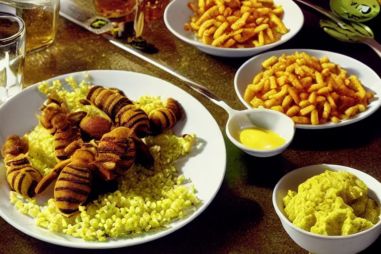 Image similar to mcdonald's fried bees with green spice meal, in 1 9 9 5, y 2 k cybercore, advertisement photo