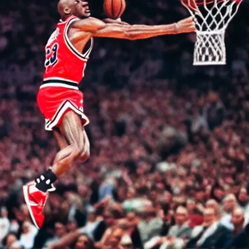 Image similar to small goblin dunking on Michael Jordan in basketball