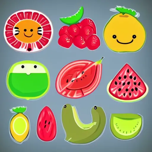 Image similar to a set of kawaii fruits isolated on white background, stylized, cartoon, cute, vector graphics, trending on pinterest, featured on artsation, high quality,