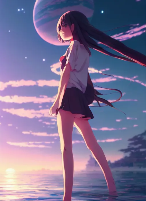 Image similar to anime girl walking on water, ripples, backdrop of dawn, saturn in the background, illustration, concept art, anime, key visual, trending pixiv fanbox by wlop and greg rutkowski and makoto shinkai and studio ghibli