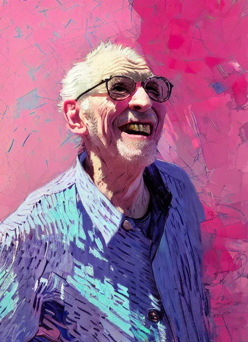 Image similar to portrait of a beautiful old man, smiling, ecstatic, dancing, eyes closed, open mouth, shades of pink and blue, beautiful face, rule of thirds, intricate outfit, spotlight, by greg rutkowski, by jeremy mann, by francoise nielly, by van gogh, digital painting