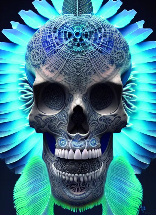 Image similar to 3 d shaman with tattoos profile portrait, sigma 5 0 0 mm f / 5. beautiful intricate highly detailed quetzalcoatl skull and feathers. bioluminescent, gradient background, plasma, frost, water, wind, creature, thunderstorm! artwork by tooth wu and wlop and beeple and greg rutkowski, 8 k trending on artstation,