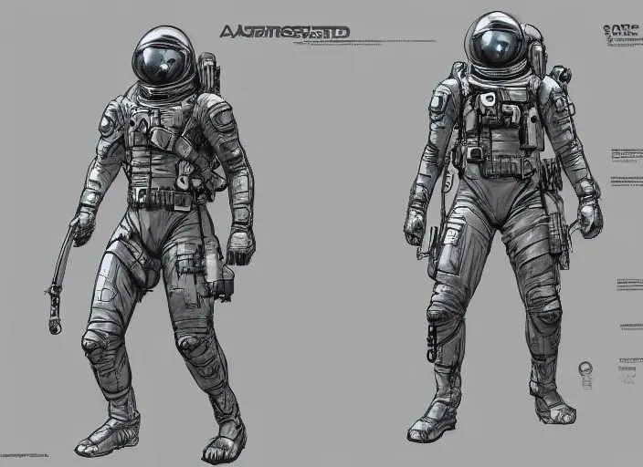 Prompt: front and back character view of Astronaut from Metal Gear Solid by Donato Giancola, Trending on artstation and pixiv clean concept art and sheet