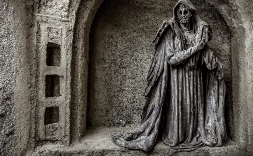 Image similar to decrepit creepy statue of the archangel gabriel staring at the camera, in the middle of a cavernous dark old catacomb, realistic, pitch black, depth of field, wide shot, sinister, bad lighting, foreboding, blurry, grainy photo