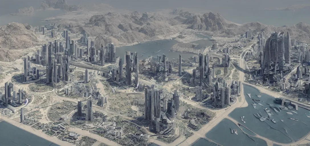 Prompt: the city of neom in saudi arabia upon completion, cinematic shot, hyper realistic, hyper detailed