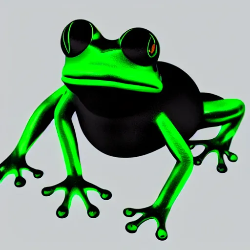 Image similar to A frog made of high-tech metal with green neon lights, highly-detailed, accurate, 3D render