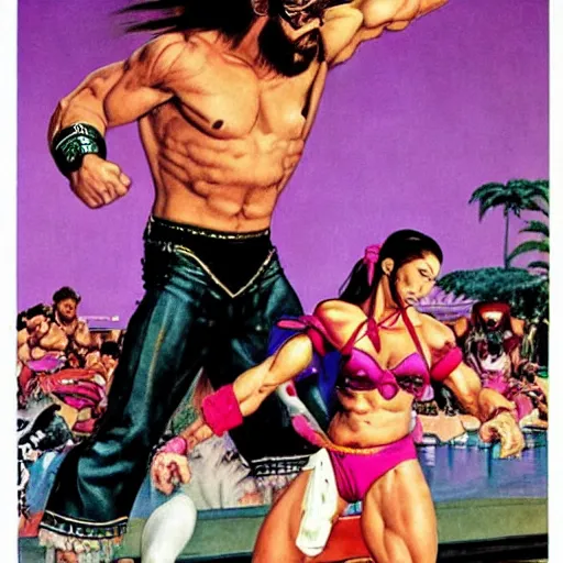 Image similar to macho man randy savage fights chun-li, norman rockwell style