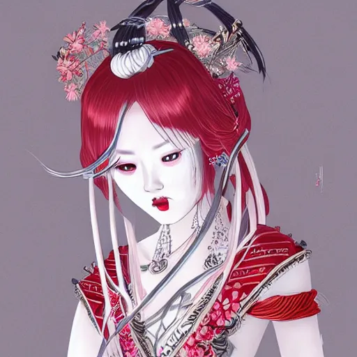 Image similar to albino maiko long hair, jewelry, sakura flower, red and white neon, concept art, intricate details, highly professionally detailed, cgsociety, highly detailed -