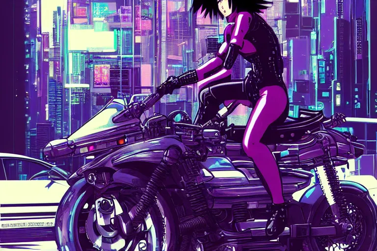 Image similar to motoko kusanagi riding a cyberpunk vehicle in a grungy cyberpunk megacity, intricate and finely detailed, cyberpunk vaporwave, by phil jimenez, ilya kuvshinov