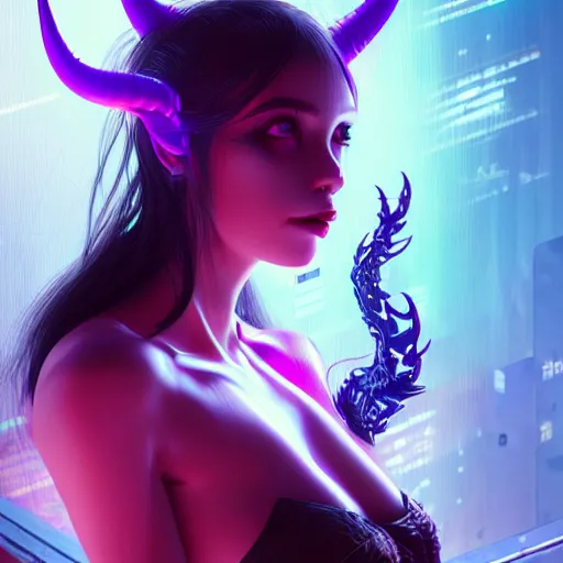 Image similar to portrait futuristic Devil Girl with horns and wings, in future cyberpunk tokyo rooftop , ssci-fi, fantasy, intricate, very very beautiful, elegant, human anatomy, neon light, highly detailed, digital painting, artstation, concept art, smooth, sharp focus, illustration, art by tian zi and WLOP and alphonse mucha