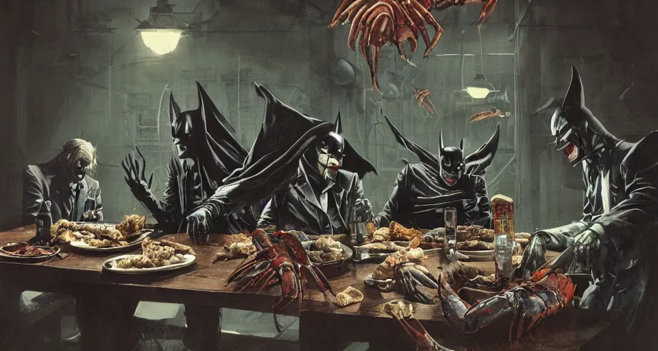 Prompt: the joker and batman sharing lobster dinner in arkham asylum, by giger, stalenhag, beksinski, retro sci - fi movie, highly detailed, photorealistic, illustration, matte painting, 8 k, hd, trending on artstation