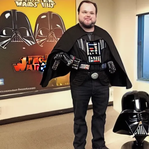 Image similar to Rich Evans with a Darth Vader! helmet! holding a Astromech toy!