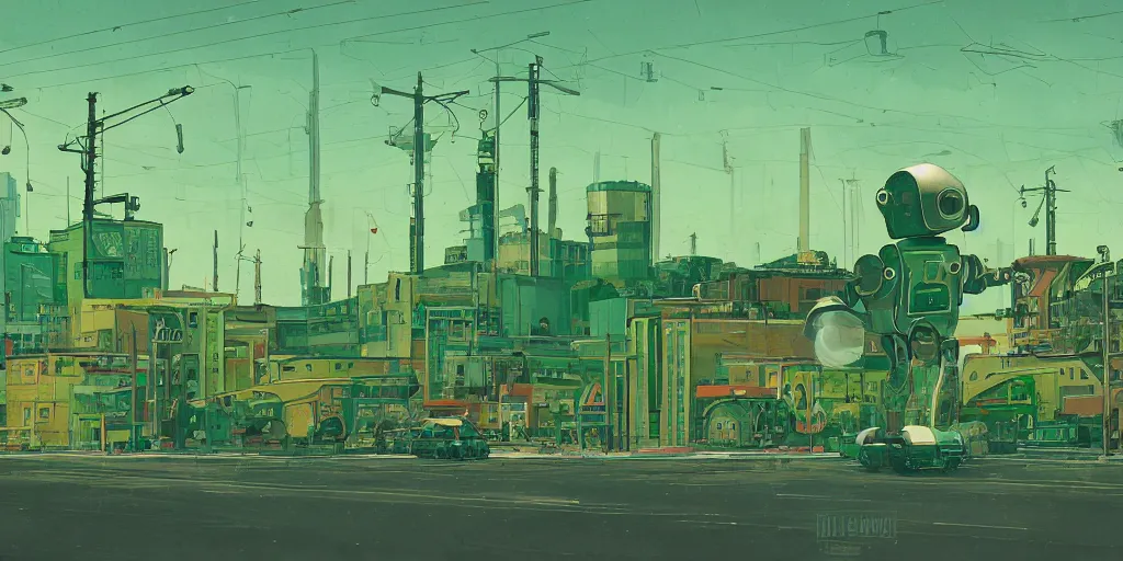 Image similar to retrofuturistic robot in panel post soviet city landscape in style of Simon Stalenhag, green colour scheme