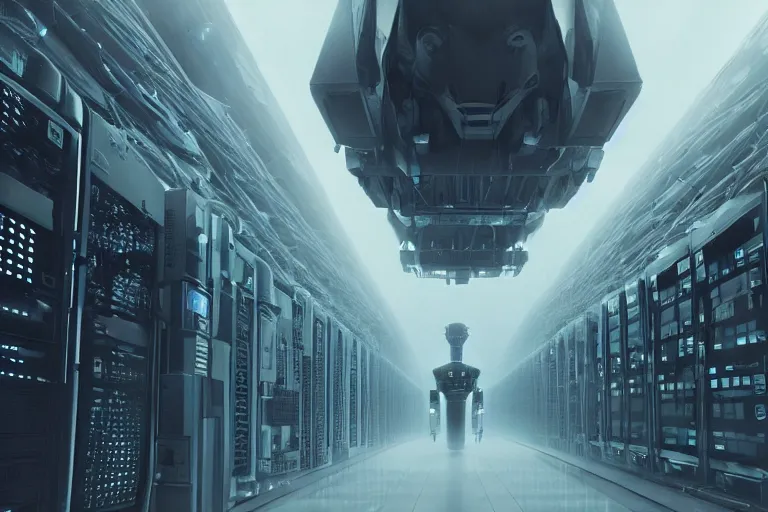 Prompt: extremely detailed cinematic movie still 3 0 7 7 foggy portrait shot of a robot in an endless data centre by denis villeneuve, wayne barlowe, simon birch, marc simonetti, philippe druillet, beeple, bright volumetric sunlight from small windows, rich moody colors