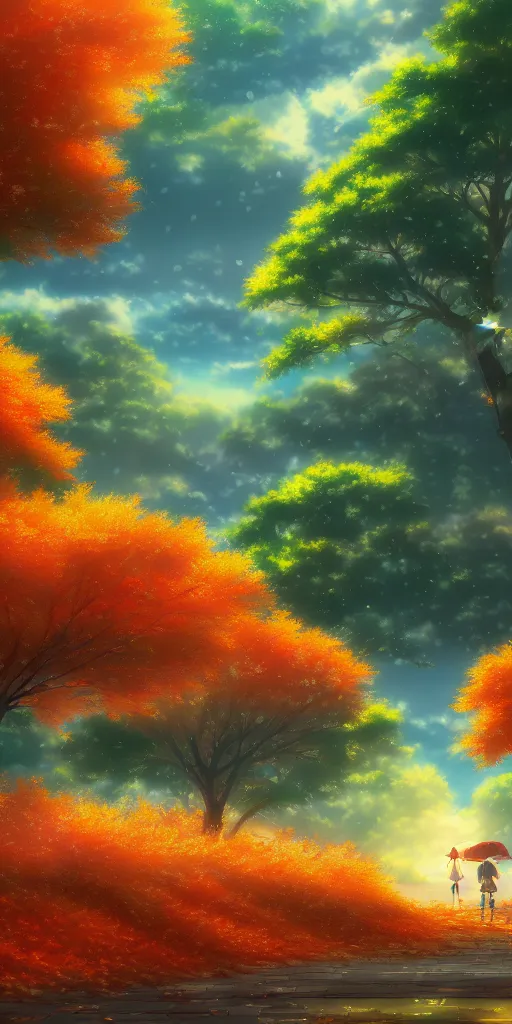 Prompt: a beautiful anime illustration of autumn, rainy day, sycamore, fallen leaves, dusk, wide angle, by wu daozi, qiu ying, tang yin, very detailed, deviantart, 4 k vertical wallpaper, tropical, colorful, airy, anime illustration, anime nature wallpap