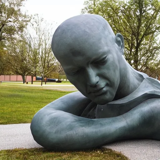 Prompt: giant statue of libertys head lying sideways on the ground