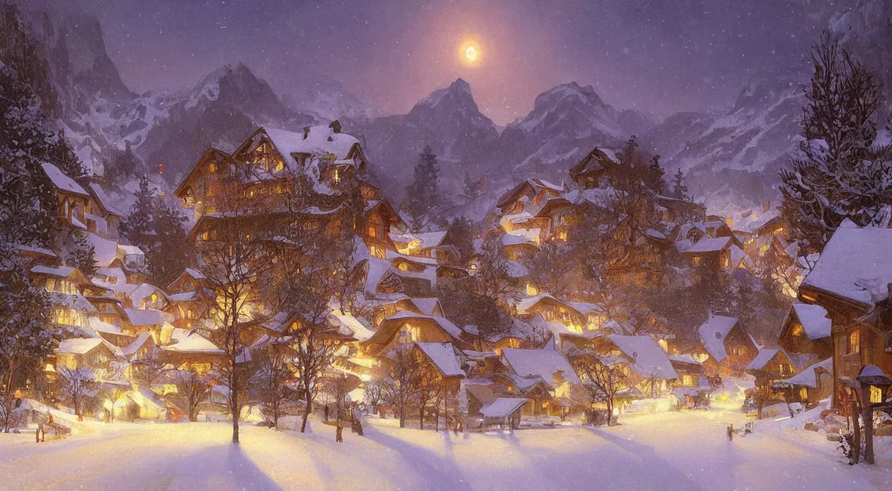 Image similar to A beautiful landscape painting of a small swiss mountain village in the snow at night by Alfons Maria Mucha and Julie Dillon and Makoto Shinkai