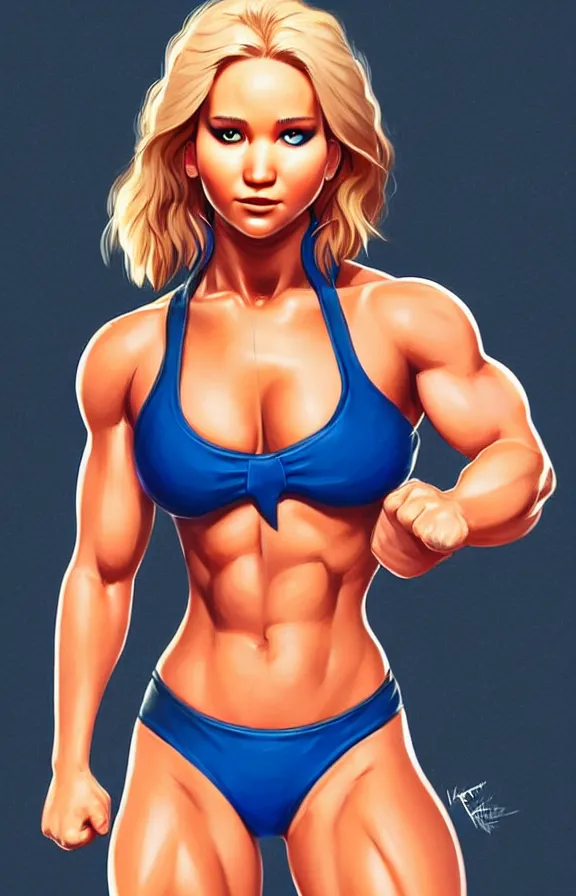 Prompt: a still fullbody portrait of muscular jennifer lawrence, bodybuilder superhero bikini, amazonian, finely detailed features, closeup at the faces, perfect art, standing in the street, trending on pixiv fanbox, by ilya kuvshinov, rossdraws, artgerm