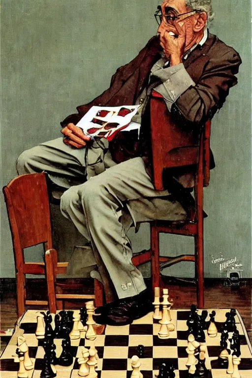 Image similar to franco battiato playing chess painted by norman rockwell