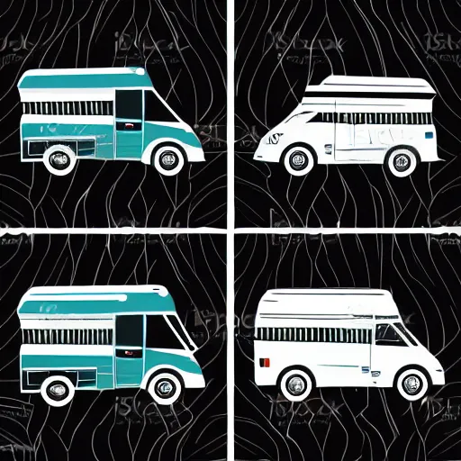 Image similar to minimal professional vector art featuring a white and black cute thor chateau! motorhome camper!!, highway, mountains and sunset!!, very happy, professional colorful simple vector art