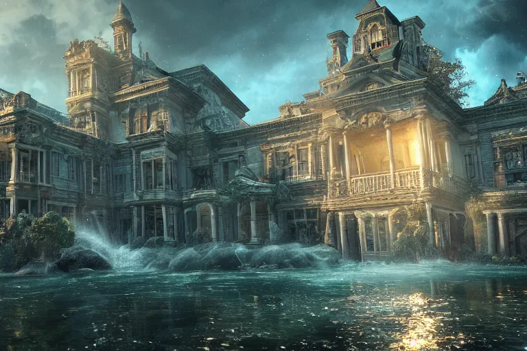 Image similar to the most amazing dream you ever had about mansion of elemental of water, hyper realistic, ambient lighting, concept art, intricate, hyper detailed, smooth, dynamic volumetric lighting, octane, cinematic