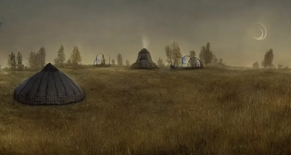 Prompt: night, stars shining, a yurt, in the steppe, summer field, misty background, in background a rusty building construction of spiral upside - down stairs!!, from the game pathologic 2, highly detailed, sharp focus, matte painting, by isaac levitan and asher brown durand,