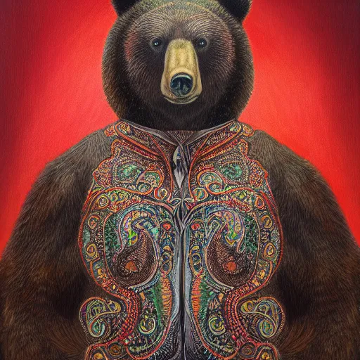 Image similar to a candid portrait of a bear wearing a paisley shirt, highly detailed, portrait painting, fairytale, fantasy, illustration by scott gustafson and art station