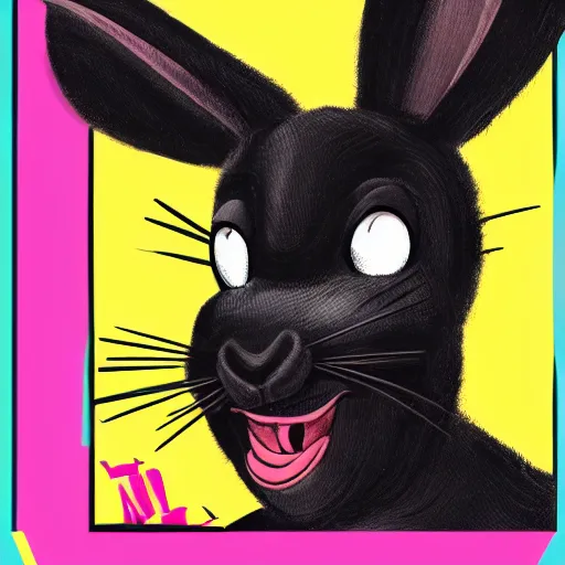 Image similar to A extremely highly detailed majestic hi-res beautiful, highly detailed head and shoulders portrait of a scary terrifying, horrifying, creepy black cartoon rabbit with scary big eyes, earing a shirt laughing, hey buddy, let's be friends, in the retro art style of Walt Disney